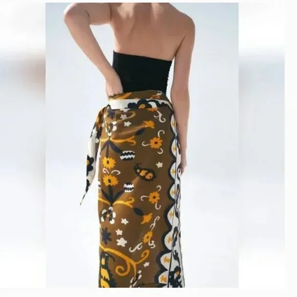 Zara Linen Blend Tribal Print Wrap Sarong Skirt Size Small - Picture 3 of 11